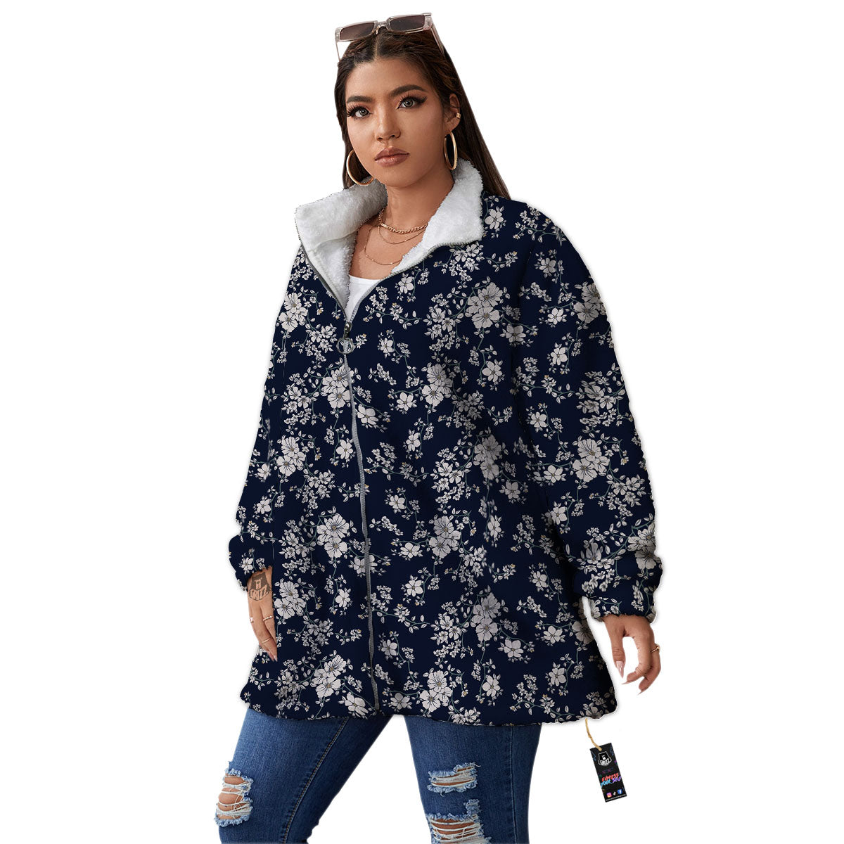 Flower Blossom Floral Print Pattern Women's Sherpa Jacket-grizzshop