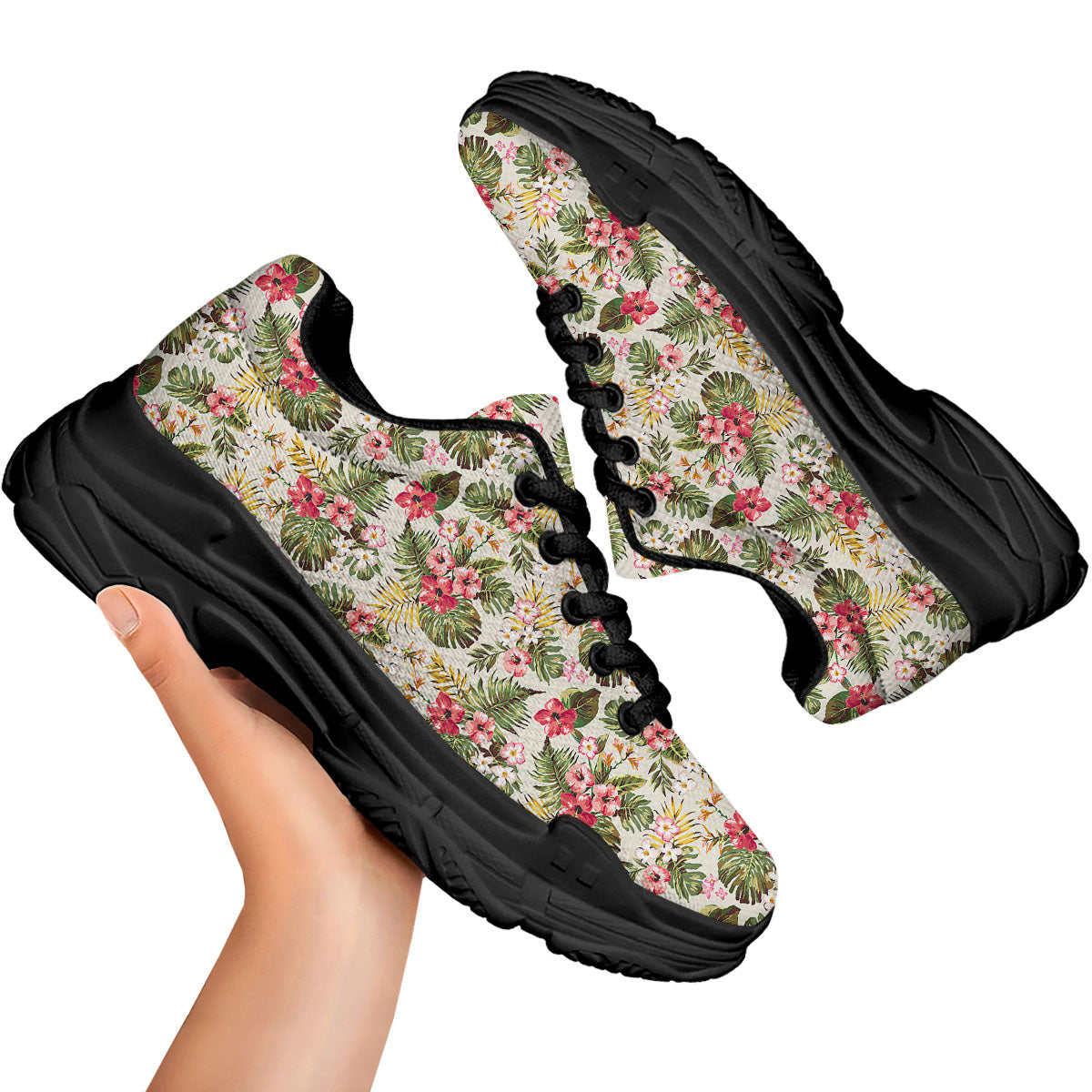 Flower Blossom Tropical Print Pattern Black Chunky Shoes-grizzshop
