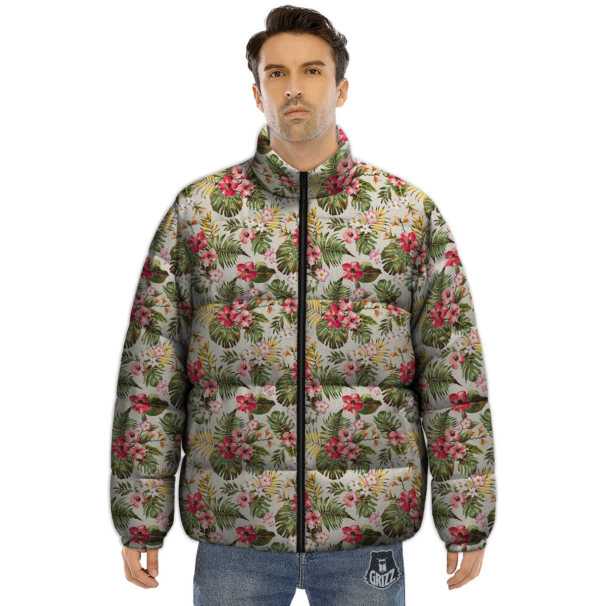 Flower Blossom Tropical Print Pattern Puffer Jacket-grizzshop