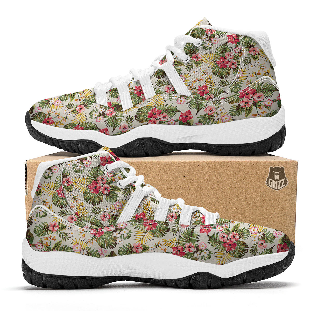 Flower Blossom Tropical Print Pattern White Bball Shoes-grizzshop