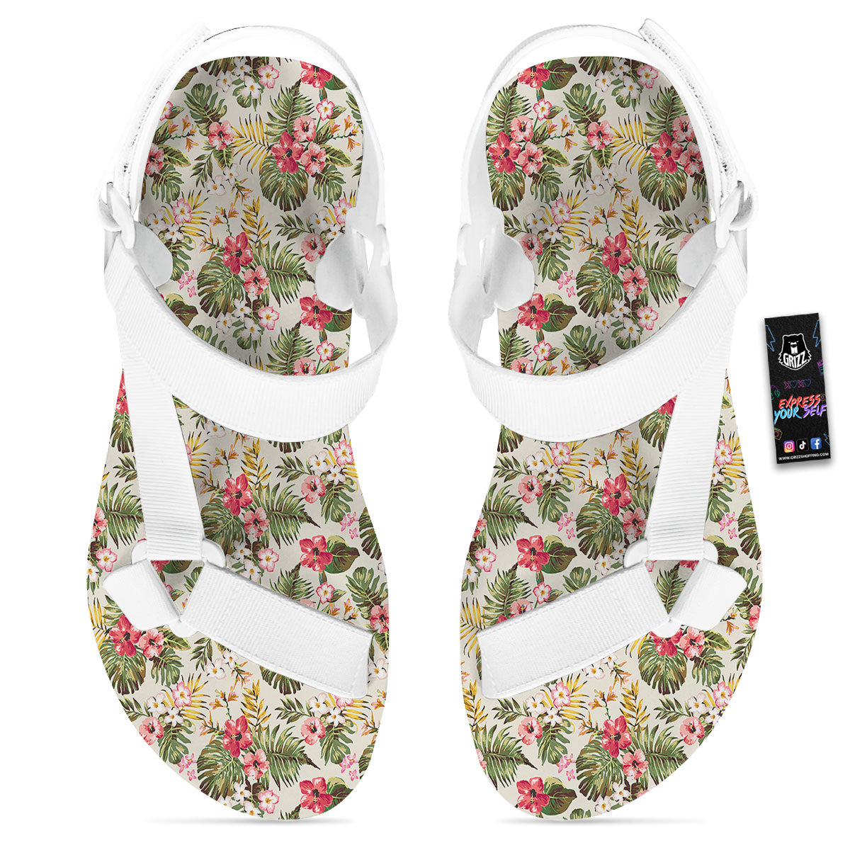 Flower Blossom Tropical Print Pattern White Open Toe Sandals-grizzshop