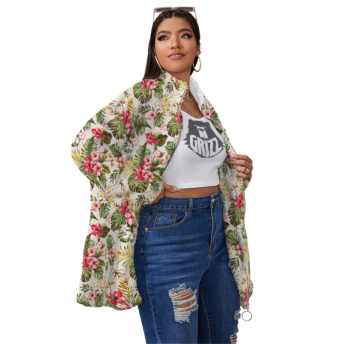 Flower Blossom Tropical Print Pattern Women's Sherpa Jacket-grizzshop