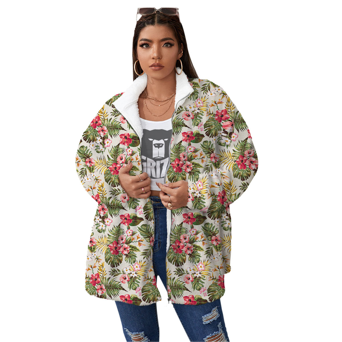 Flower Blossom Tropical Print Pattern Women's Sherpa Jacket-grizzshop