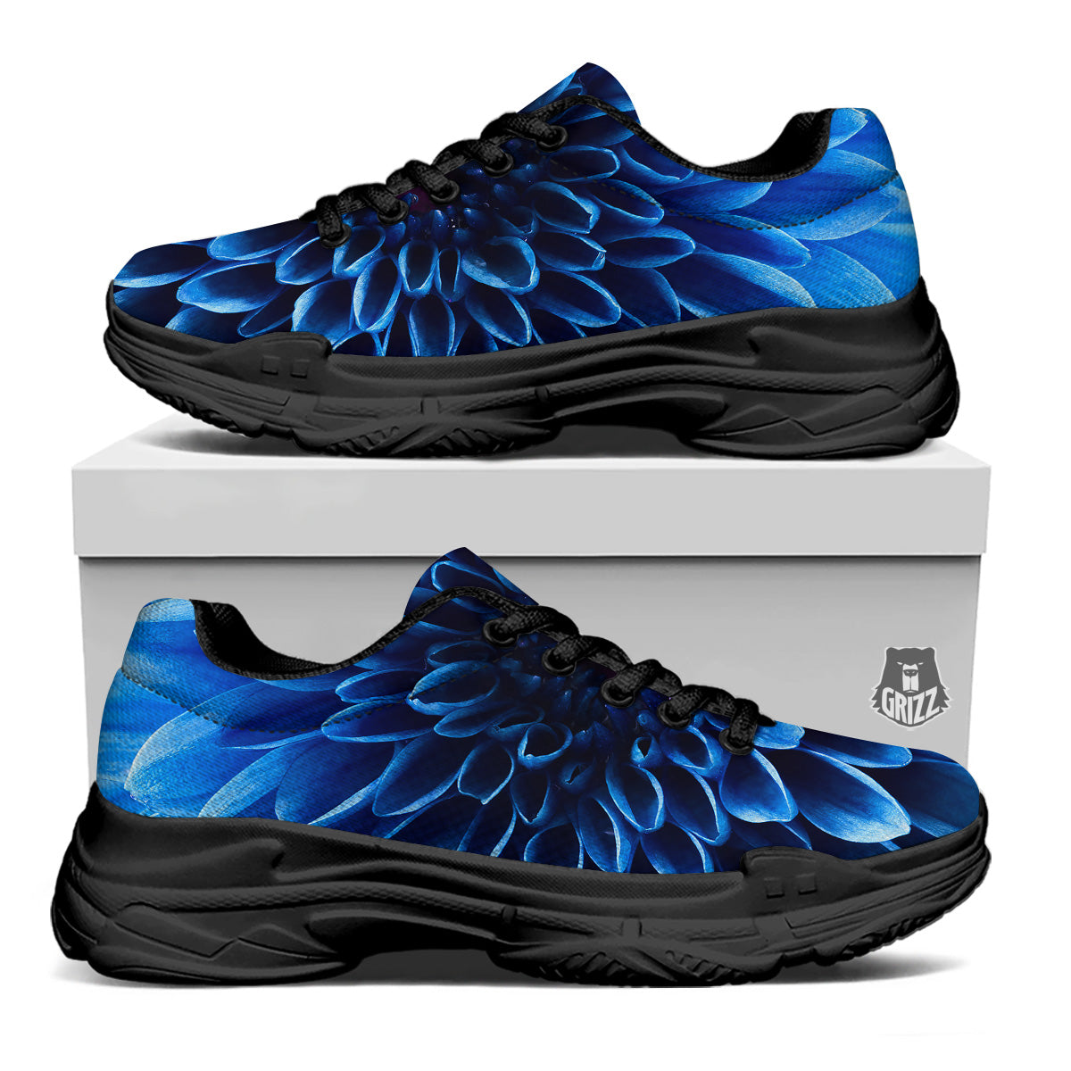 Flower Blue Chrysanthemum Print Black Chunky Shoes-grizzshop