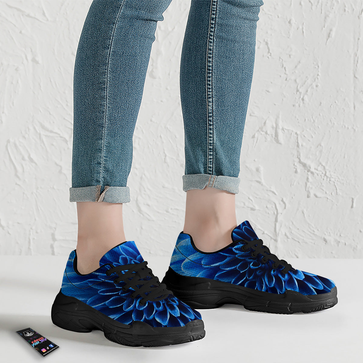 Flower Blue Chrysanthemum Print Black Chunky Shoes-grizzshop