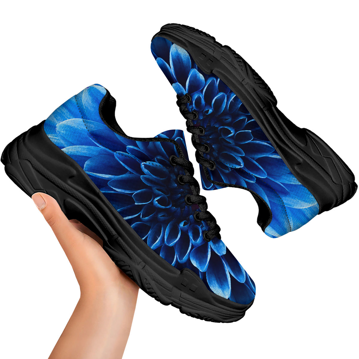 Flower Blue Chrysanthemum Print Black Chunky Shoes-grizzshop