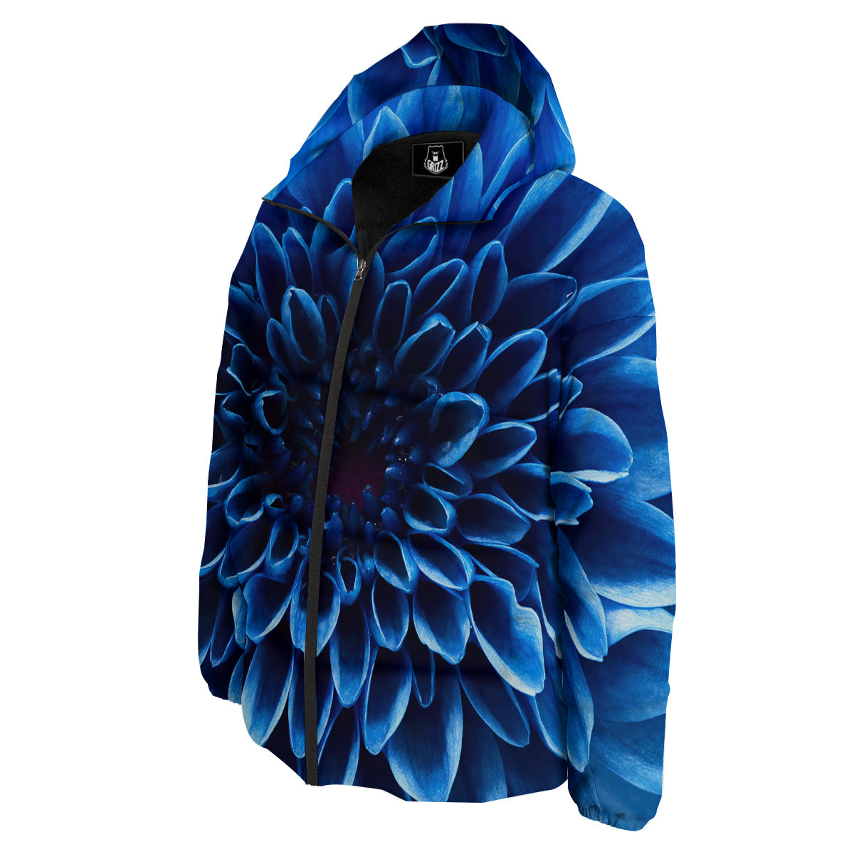 Flower Blue Chrysanthemum Print Down Jacket-grizzshop