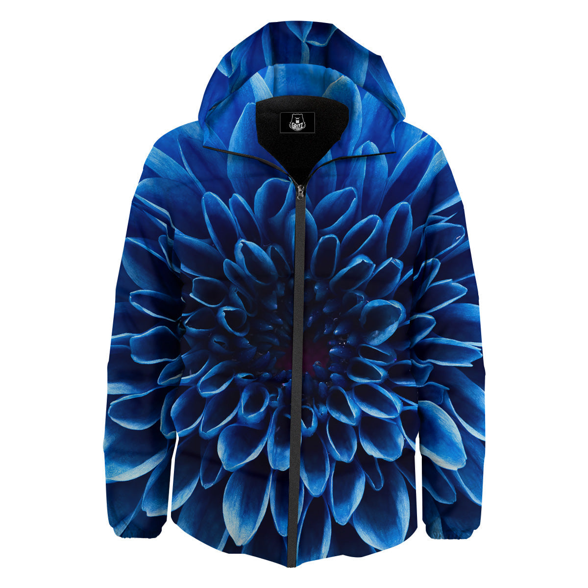 Flower Blue Chrysanthemum Print Down Jacket-grizzshop