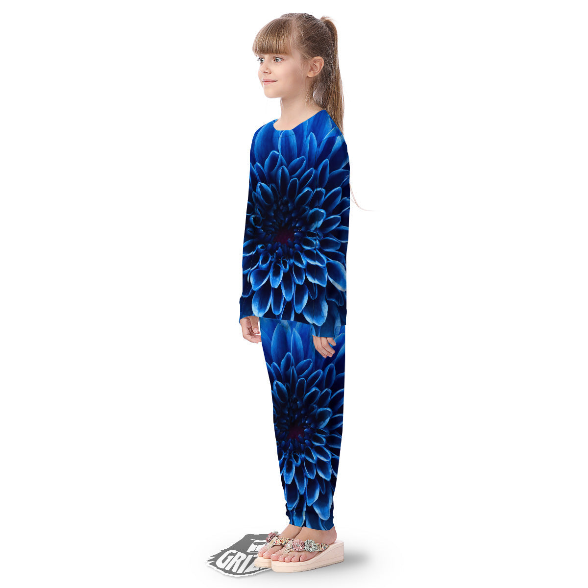 Flower Blue Chrysanthemum Print Kid's Pajamas-grizzshop
