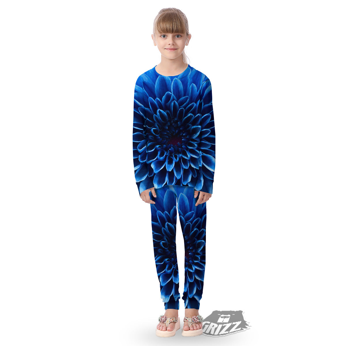 Flower Blue Chrysanthemum Print Kid's Pajamas-grizzshop