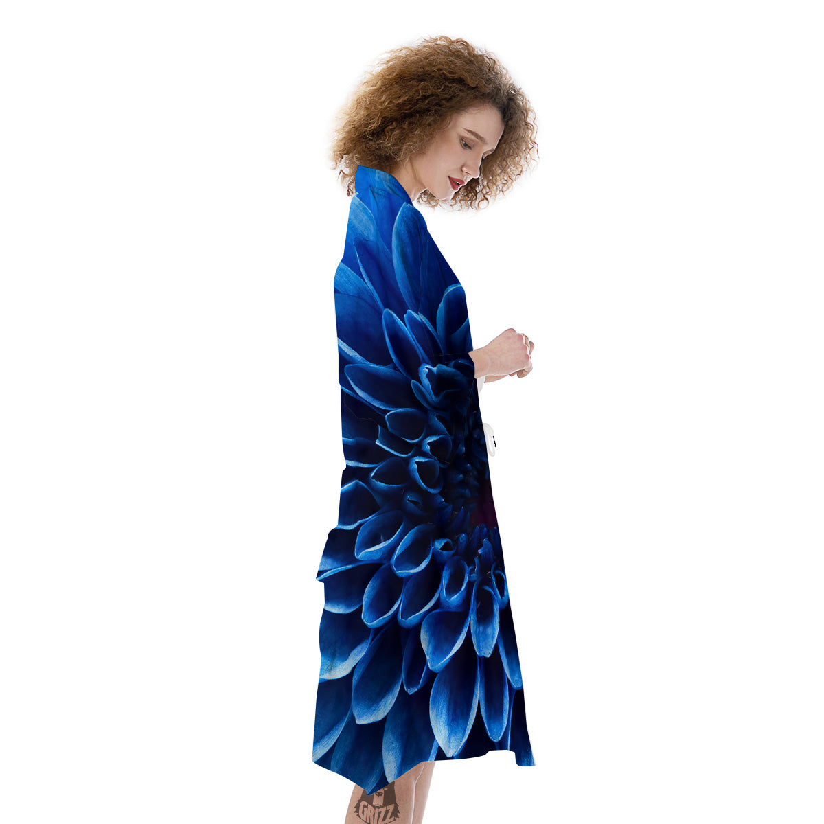 Flower Blue Chrysanthemum Print Kimono-grizzshop