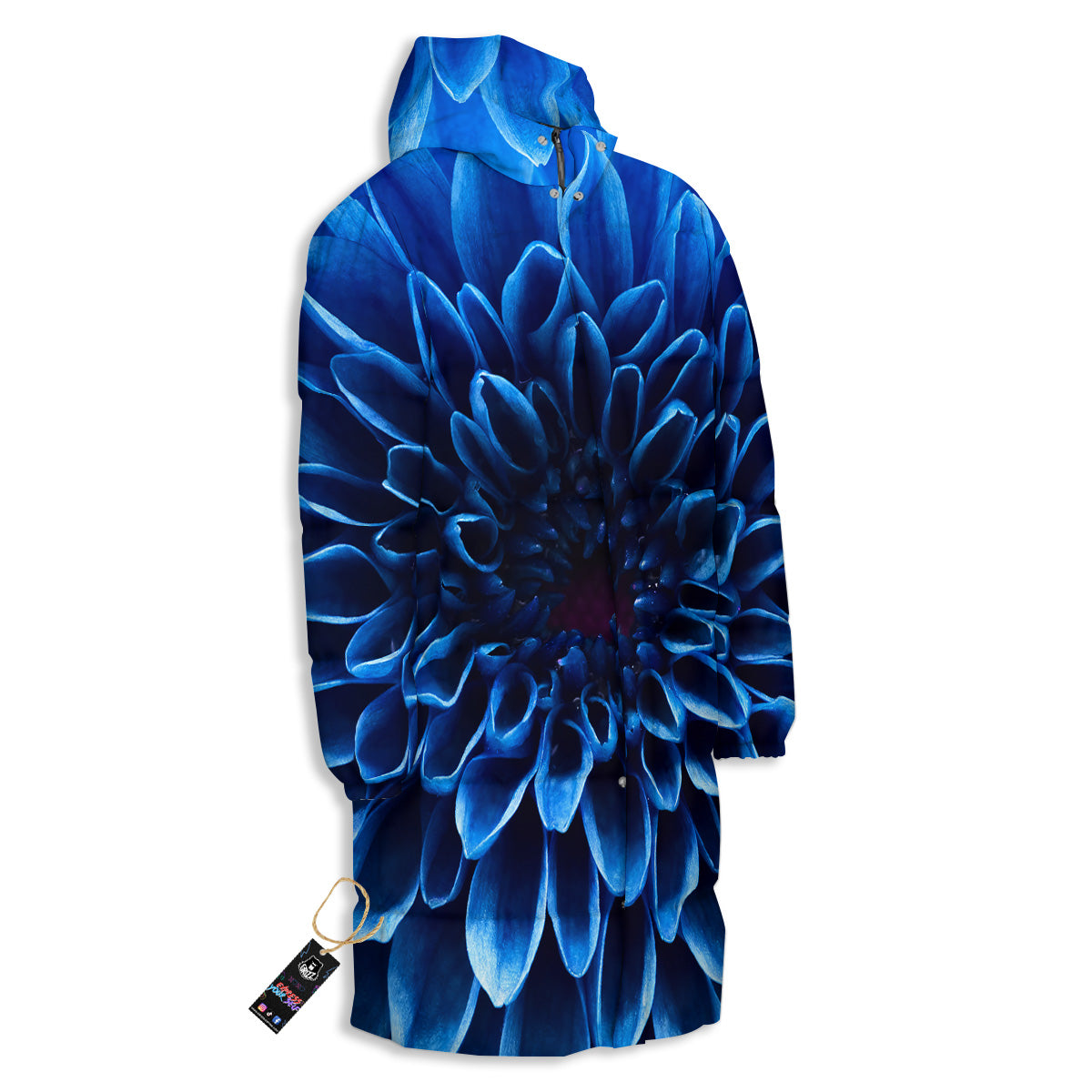 Flower Blue Chrysanthemum Print Long Down Jacket-grizzshop