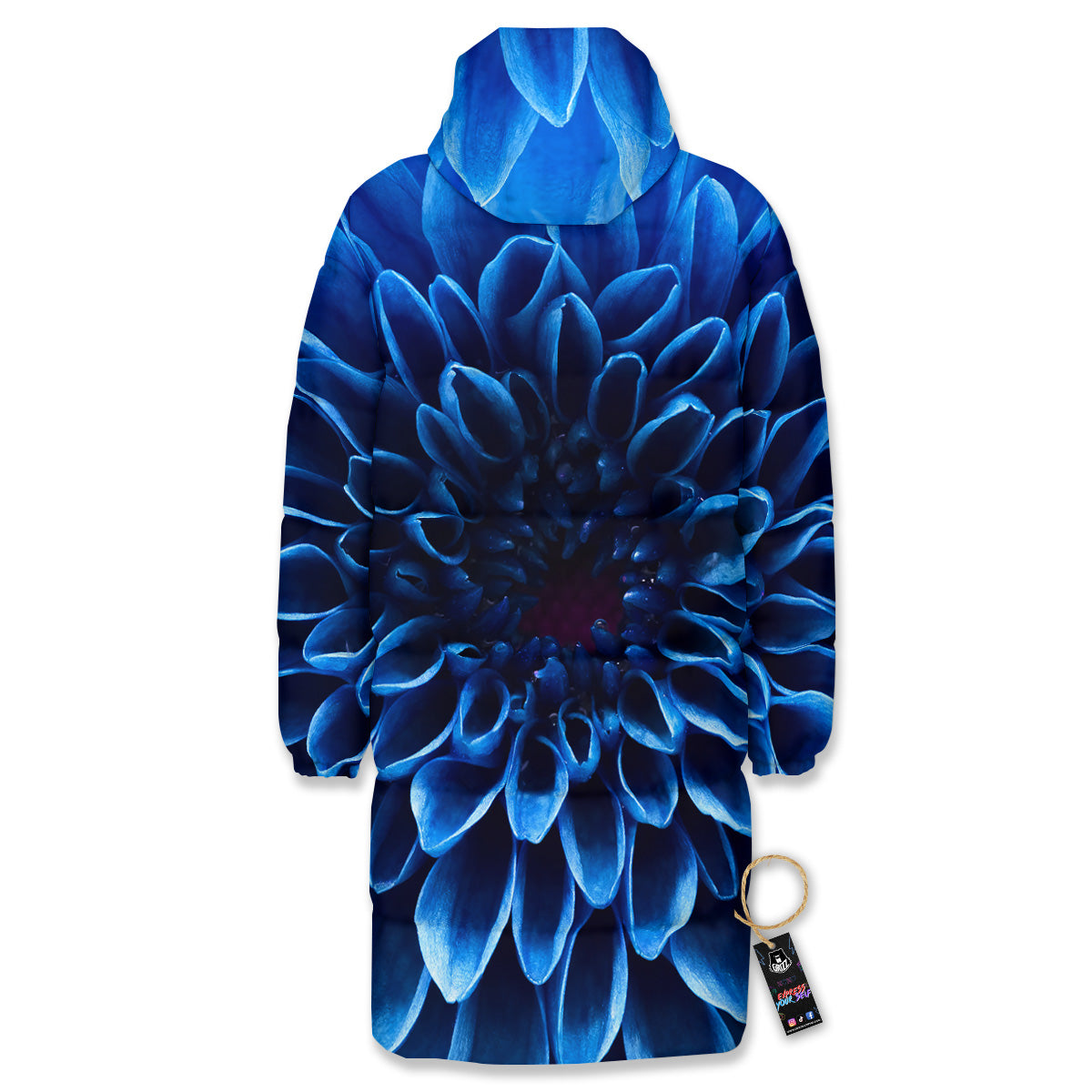 Flower Blue Chrysanthemum Print Long Down Jacket-grizzshop