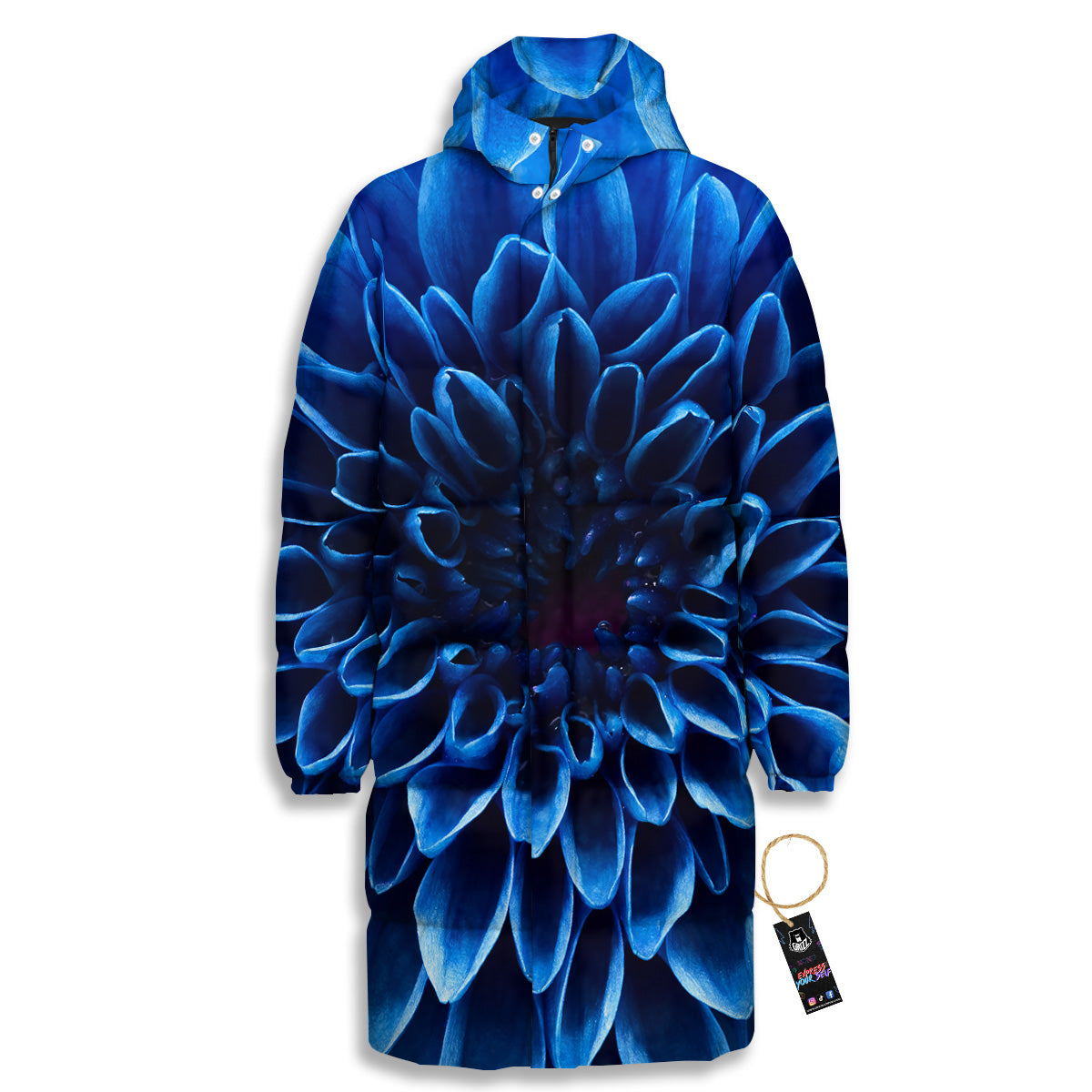 Flower Blue Chrysanthemum Print Long Down Jacket-grizzshop