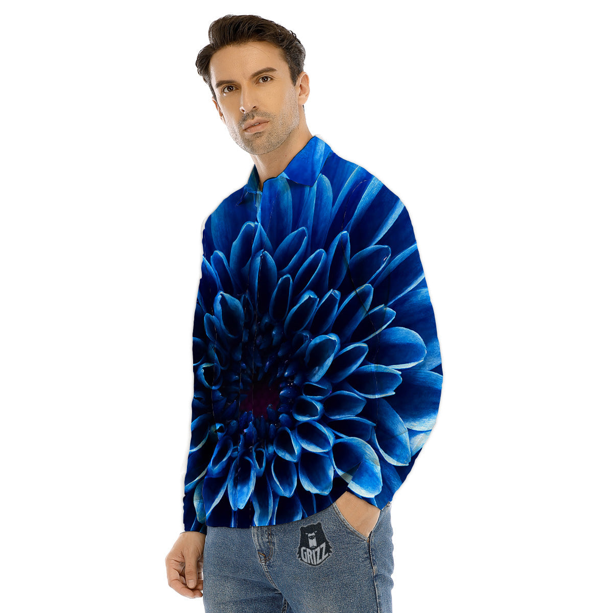 Flower Blue Chrysanthemum Print Men's Dress Shirts-grizzshop