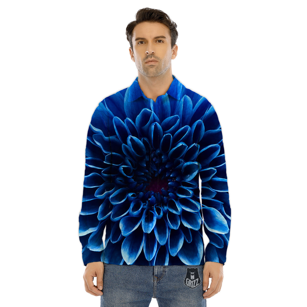 Flower Blue Chrysanthemum Print Men's Dress Shirts-grizzshop