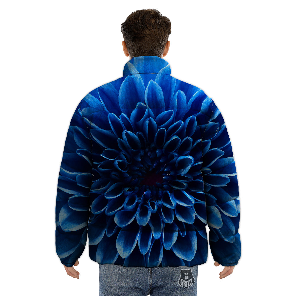 Flower Blue Chrysanthemum Print Puffer Jacket-grizzshop