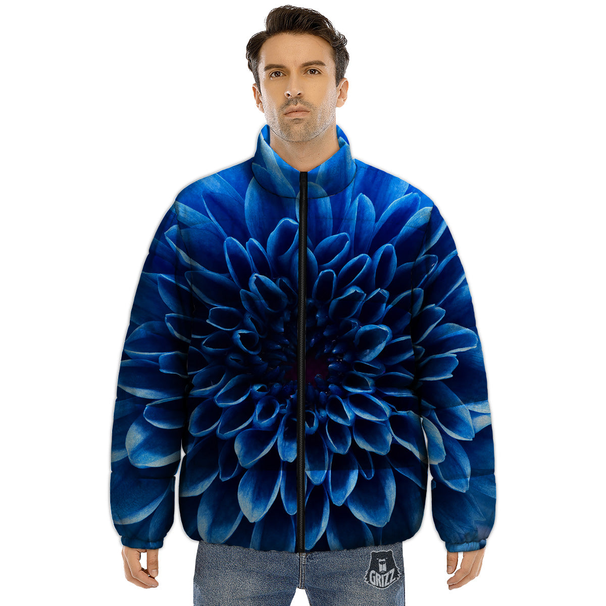 Flower Blue Chrysanthemum Print Puffer Jacket-grizzshop