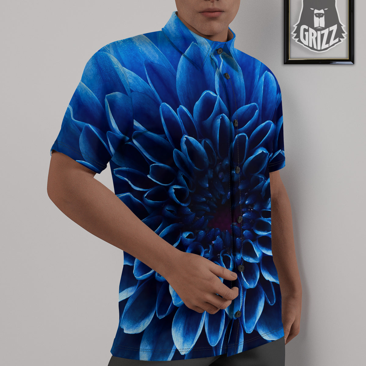 Flower Blue Chrysanthemum Print Untucked Shirts-grizzshop