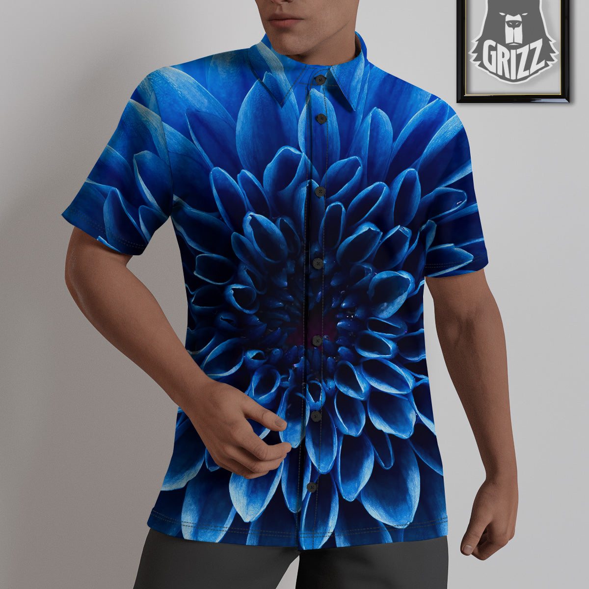 Flower Blue Chrysanthemum Print Untucked Shirts-grizzshop