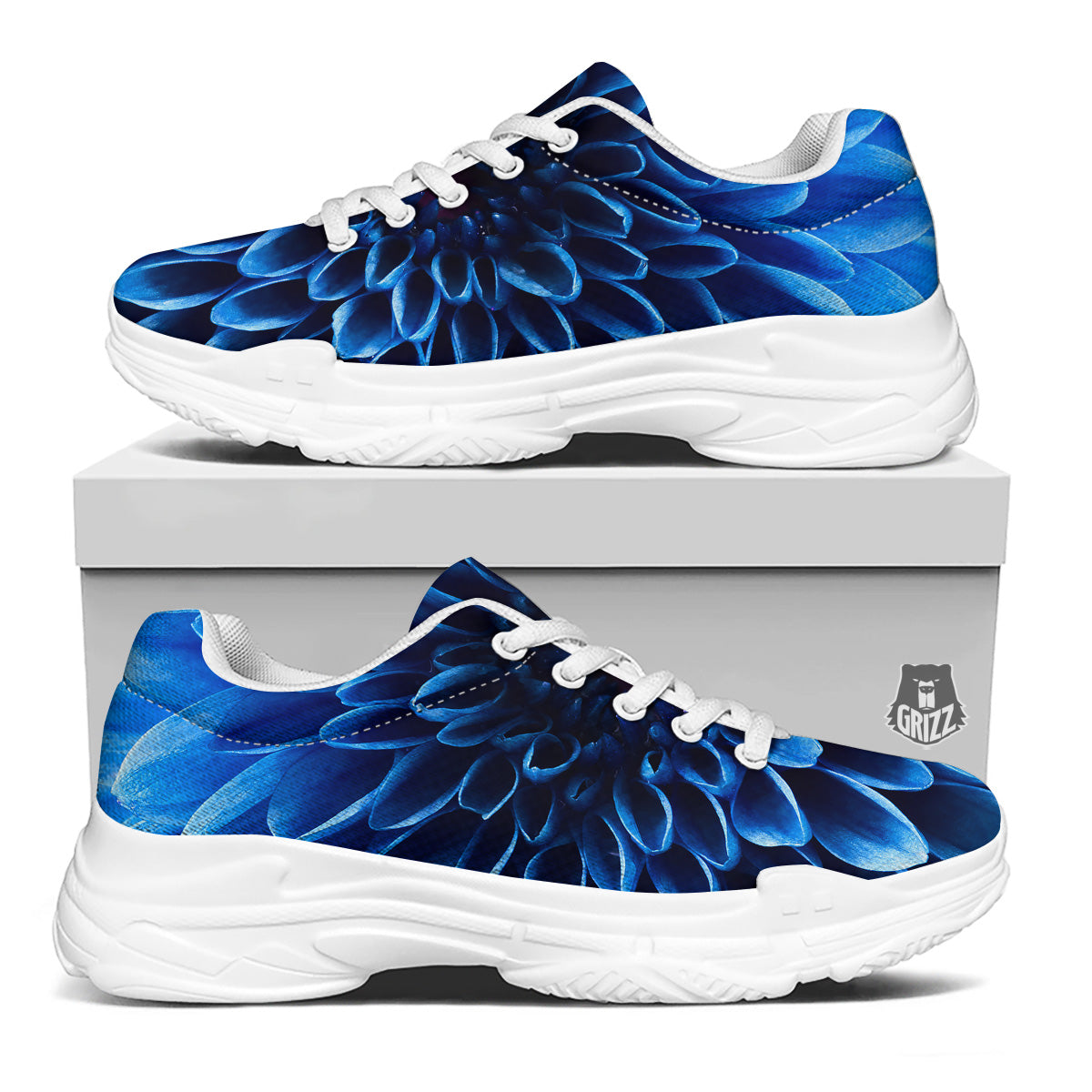 Flower Blue Chrysanthemum Print White Chunky Shoes-grizzshop