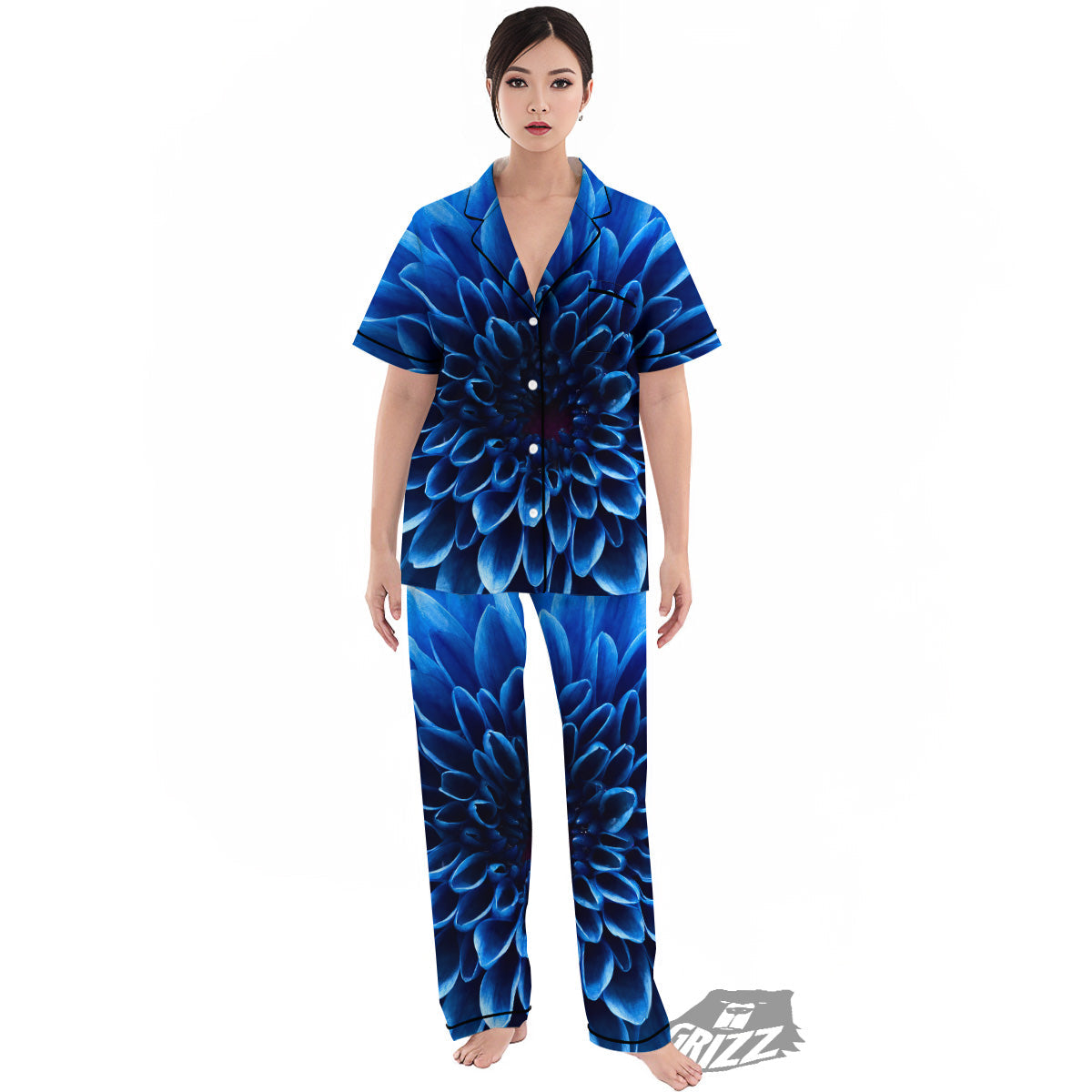 Flower Blue Chrysanthemum Print Women's Pajamas Set-grizzshop