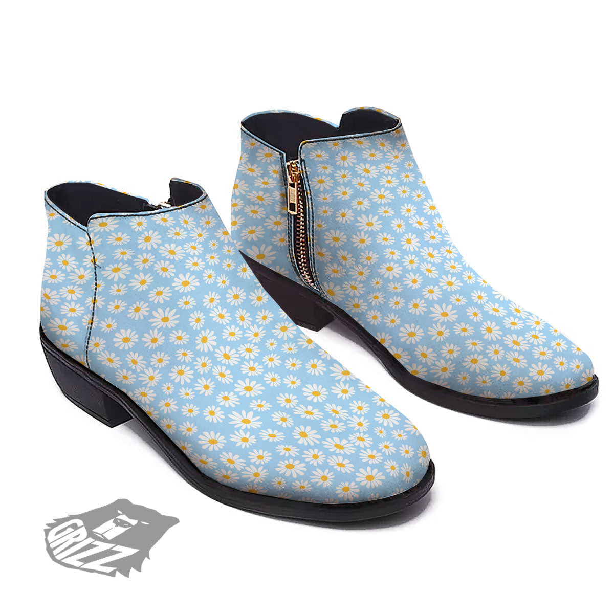Flower Blue Daisy Print Pattern Ankle Boots-grizzshop