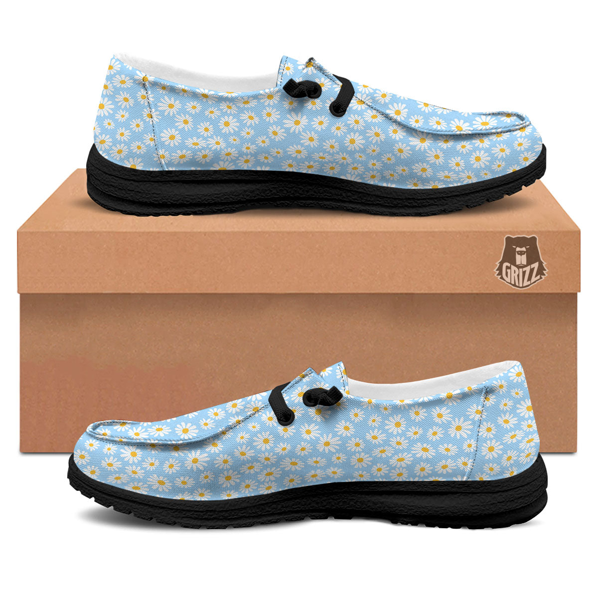 Flower Blue Daisy Print Pattern Black Loafers-grizzshop