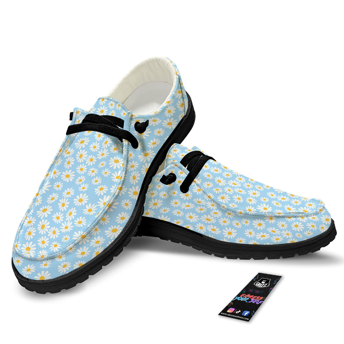 Flower Blue Daisy Print Pattern Black Loafers-grizzshop
