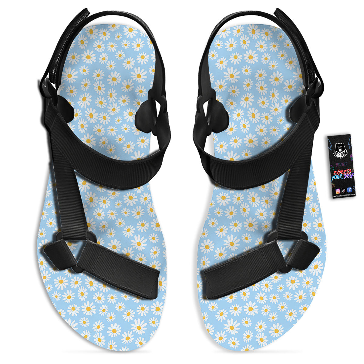 Flower Blue Daisy Print Pattern Black Open Toe Sandals-grizzshop