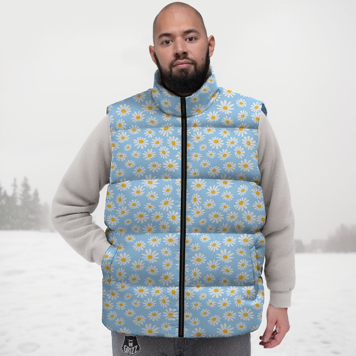 Flower Blue Daisy Print Pattern Down Vest