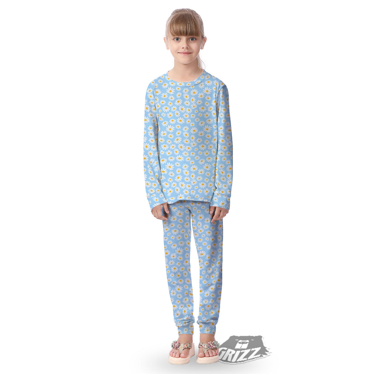 Flower Blue Daisy Print Pattern Kid's Pajamas-grizzshop