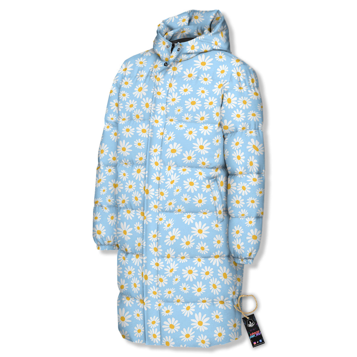 Flower Blue Daisy Print Pattern Long Down Jacket-grizzshop