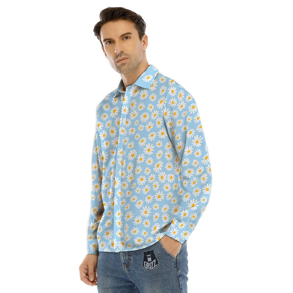 Flower Blue Daisy Print Pattern Men's Dress Shirts-grizzshop