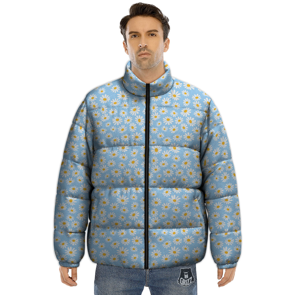 Flower Blue Daisy Print Pattern Puffer Jacket-grizzshop