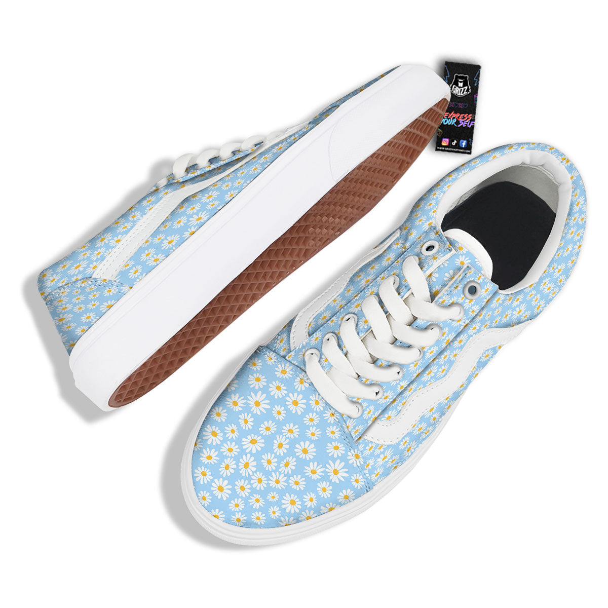 Flower Blue Daisy Print Pattern Skate Shoes-grizzshop