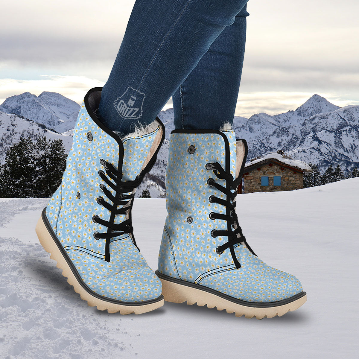Flower Blue Daisy Print Pattern Snow Boots-grizzshop