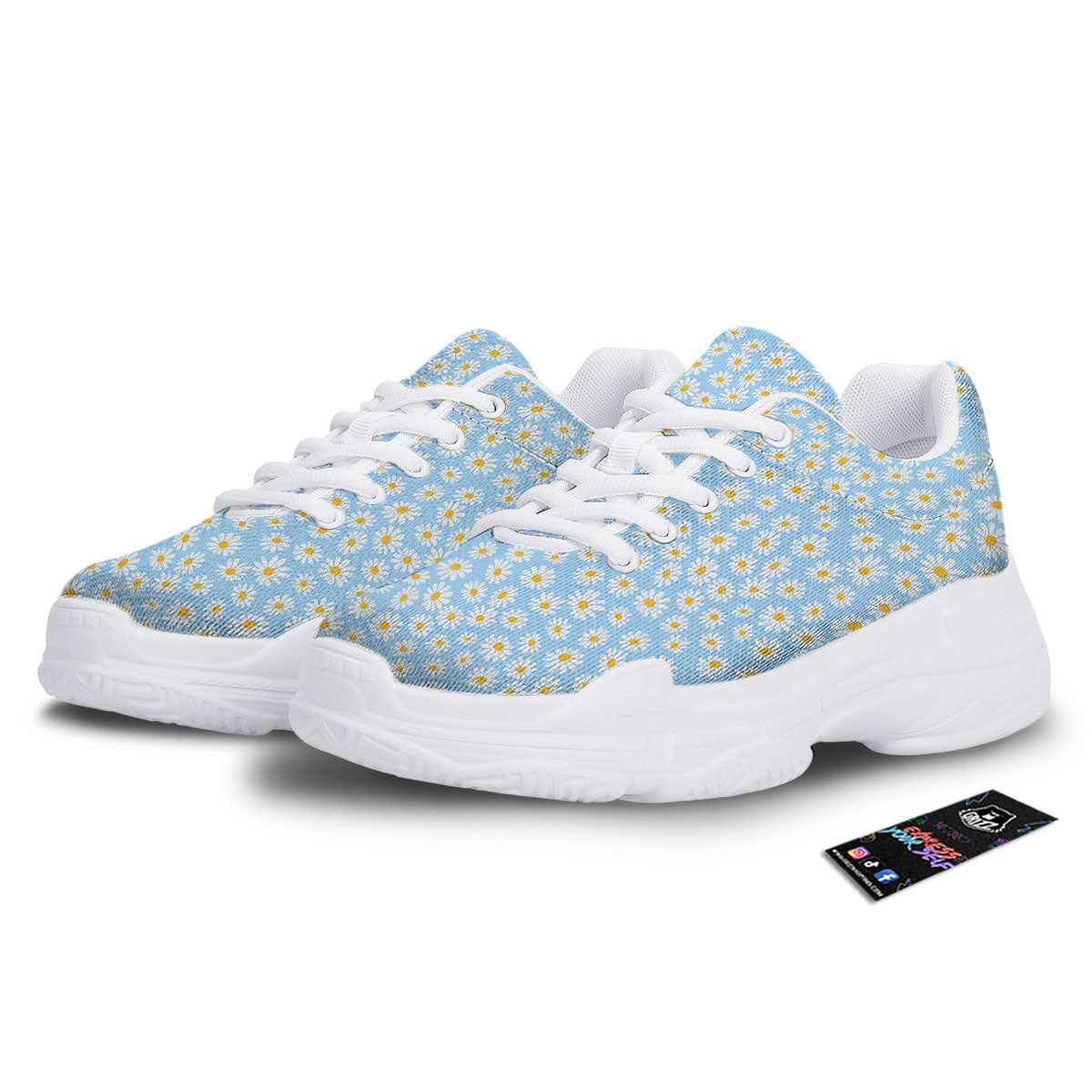 Flower Blue Daisy Print Pattern White Chunky Shoes-grizzshop