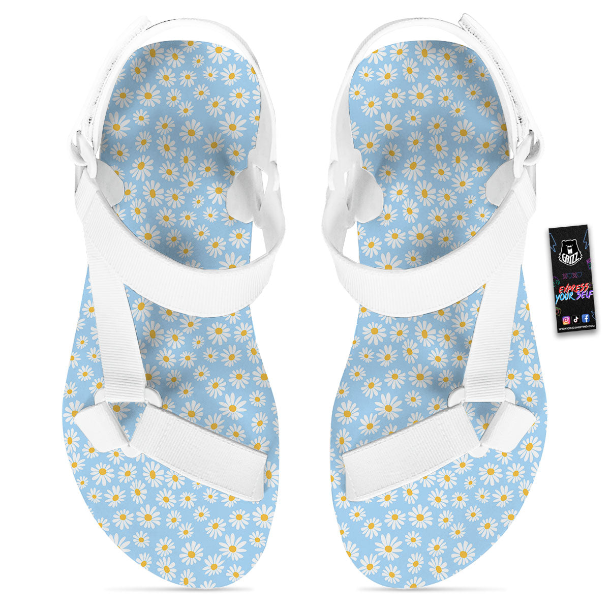 Flower Blue Daisy Print Pattern White Open Toe Sandals-grizzshop
