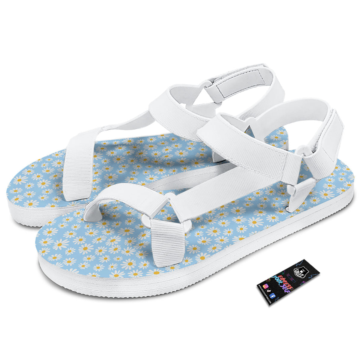Flower Blue Daisy Print Pattern White Open Toe Sandals-grizzshop