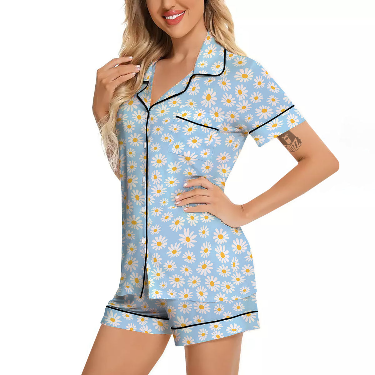 Flower Blue Daisy Print Pattern Women Silk Pajamas-grizzshop