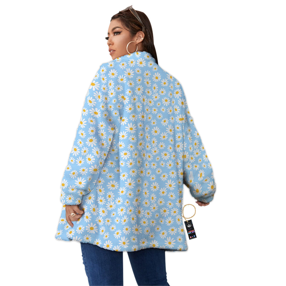 Flower Blue Daisy Print Pattern Women's Sherpa Jacket-grizzshop