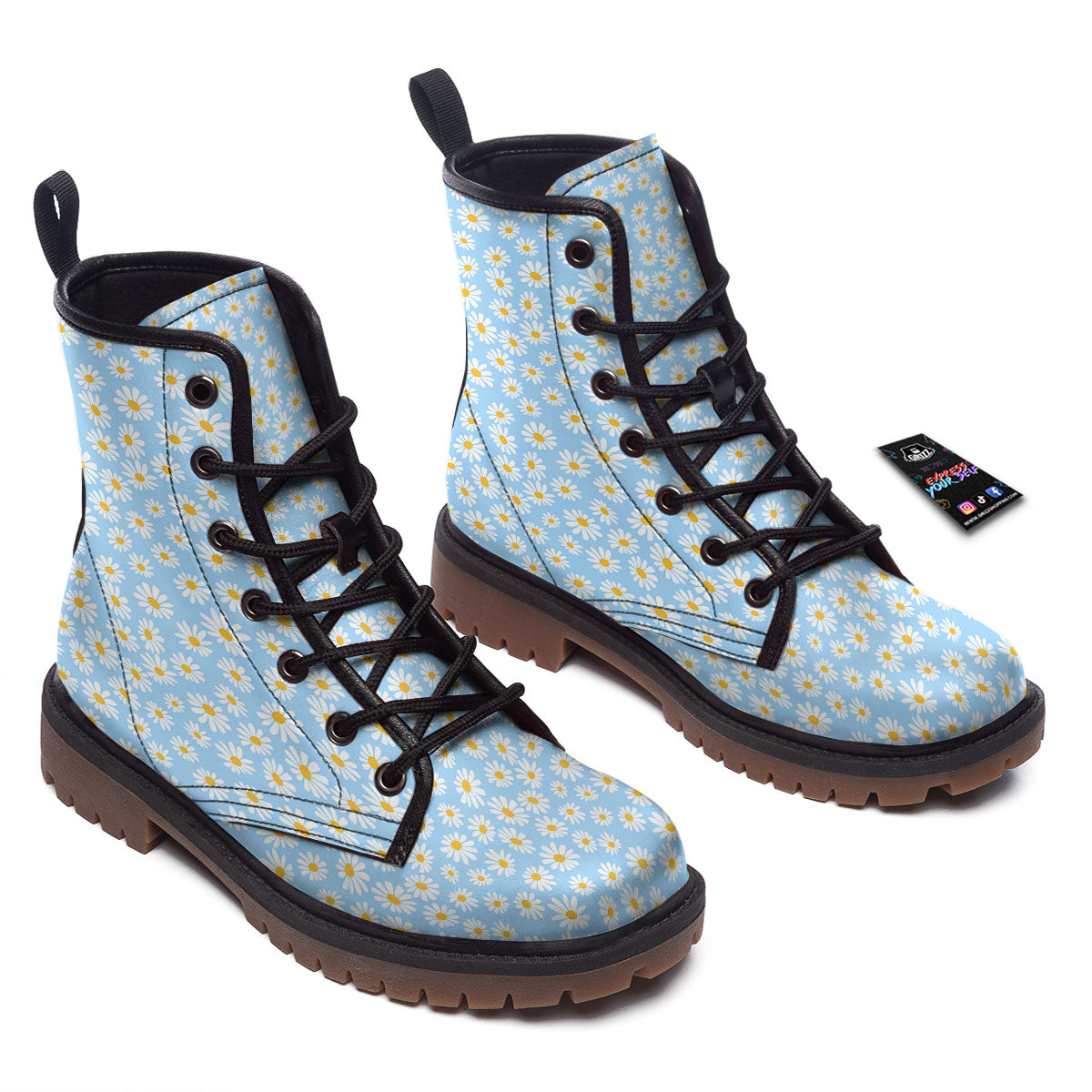 Flower Blue Daisy Print Pattern Work Boots-grizzshop