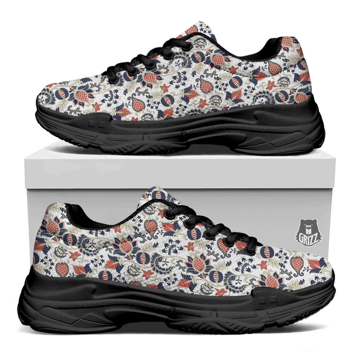 Flower Boho Paisley Print Pattern Black Chunky Shoes-grizzshop