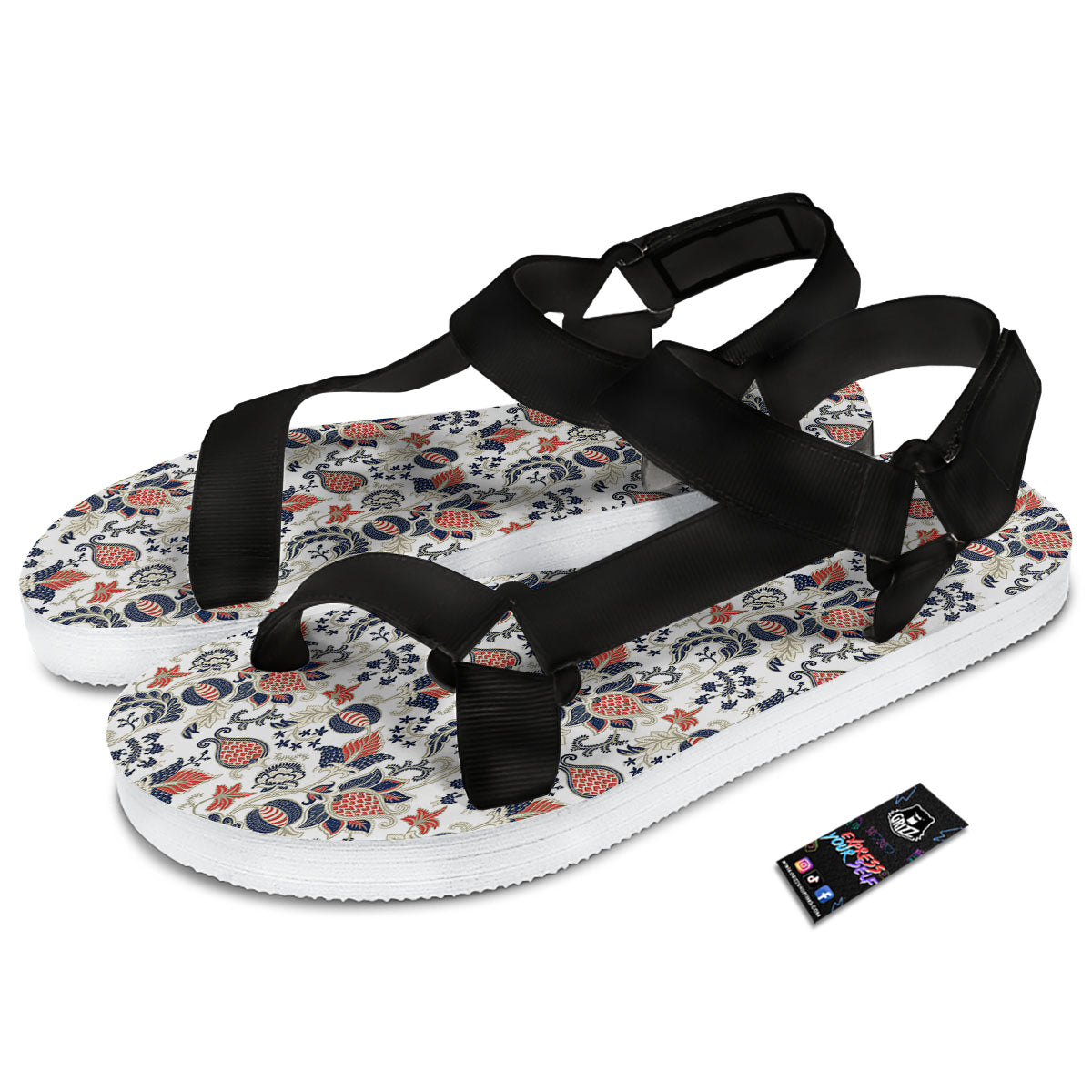 Flower Boho Paisley Print Pattern Black Open Toe Sandals-grizzshop