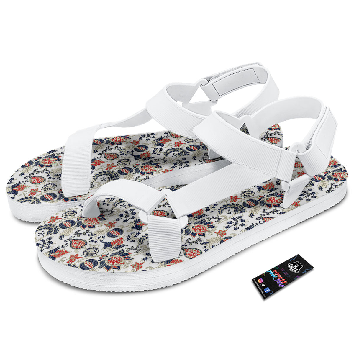 Flower Boho Paisley Print Pattern White Open Toe Sandals-grizzshop