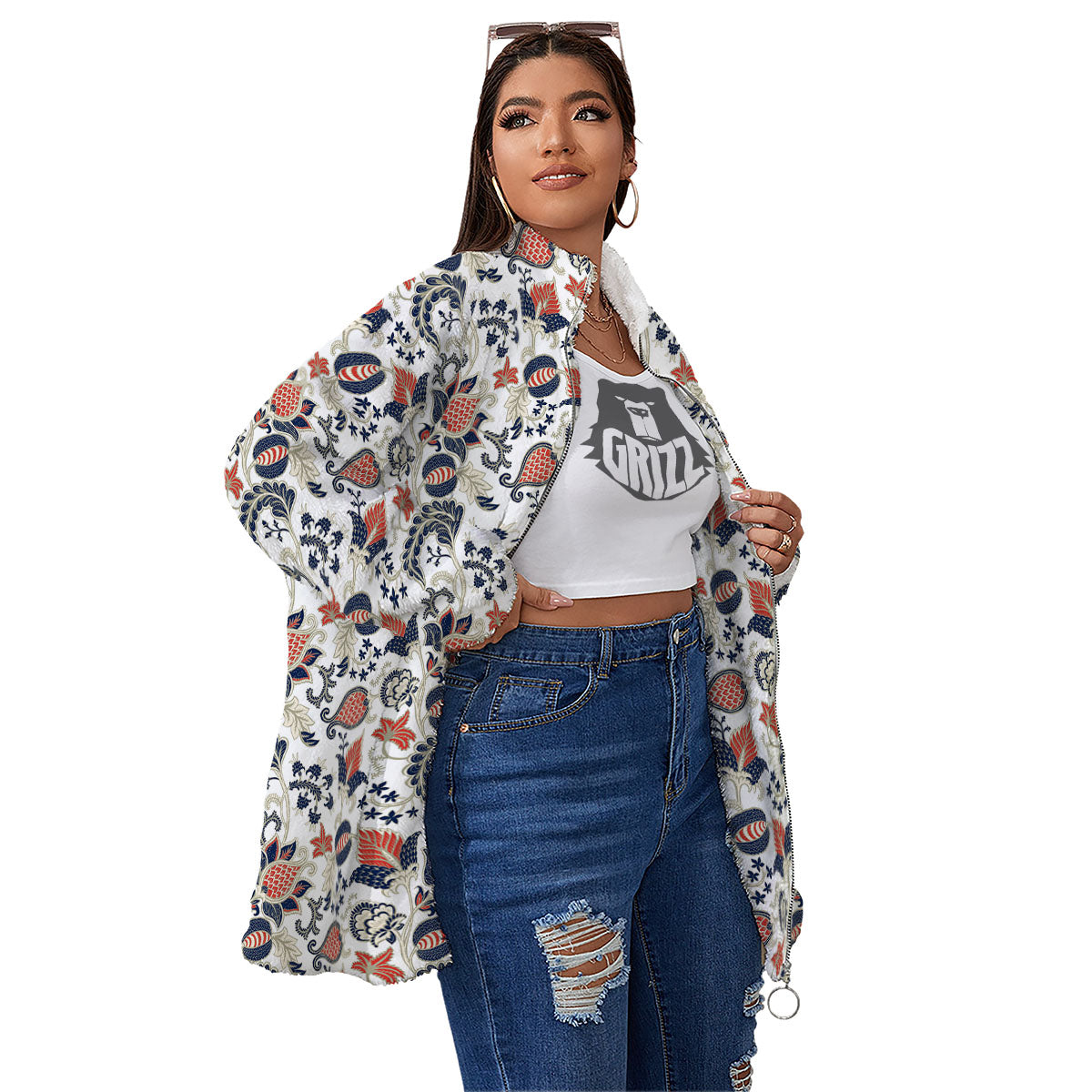 Flower Boho Paisley Print Pattern Women's Sherpa Jacket-grizzshop