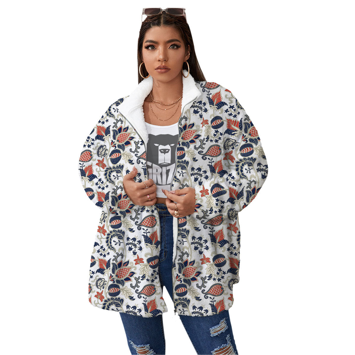 Flower Boho Paisley Print Pattern Women's Sherpa Jacket-grizzshop