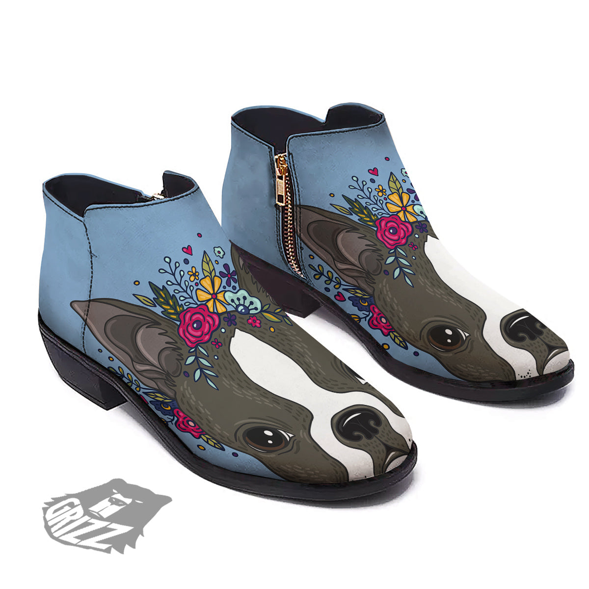 Flower Boston Terrier Cartoon Print Ankle Boots-grizzshop
