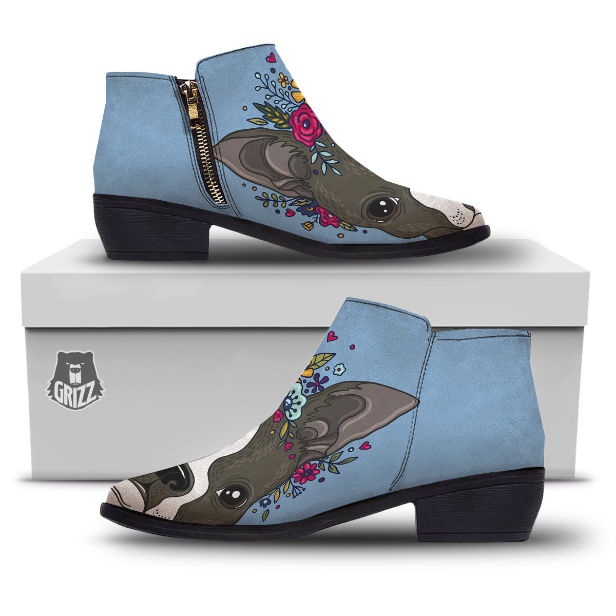 Flower Boston Terrier Cartoon Print Ankle Boots-grizzshop